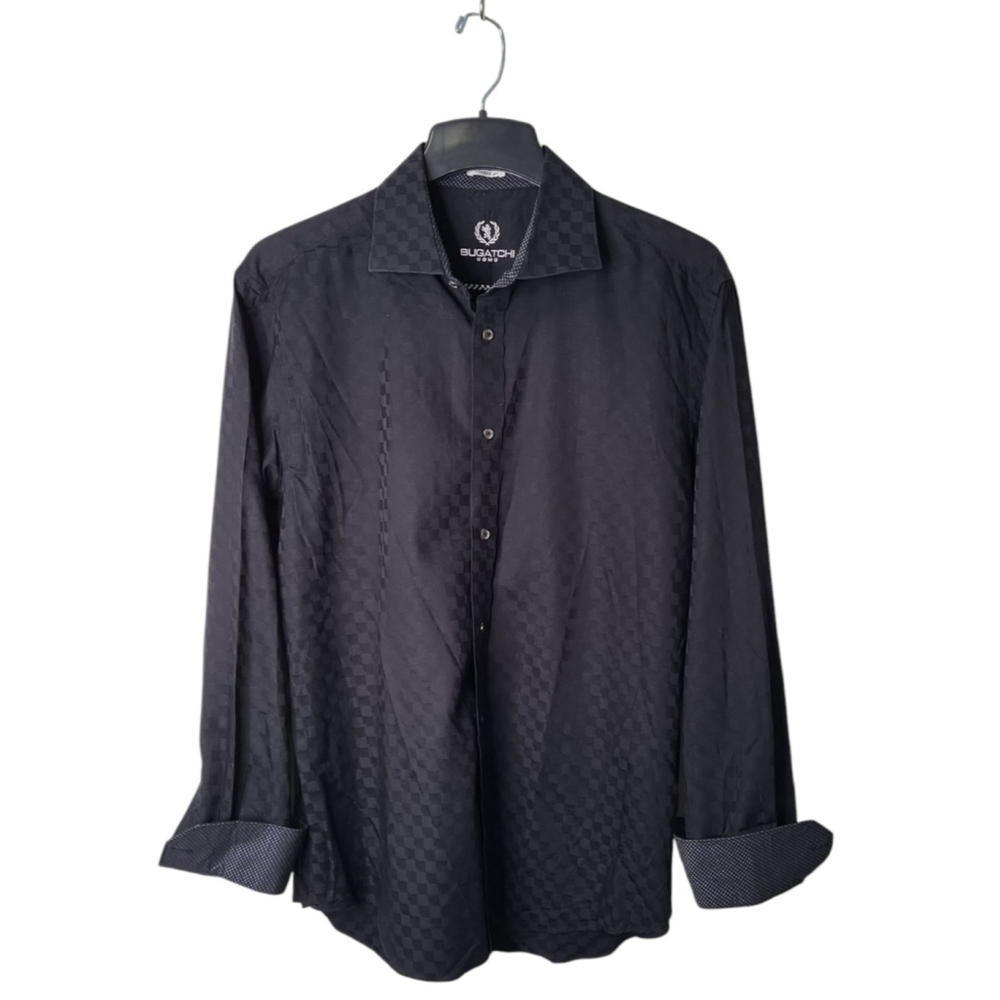Bugatchi Uomo Men's Dress Shirt Size XL Black Checked Button Up Shaped Fit